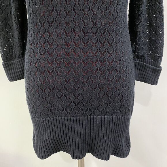 Adolfo Black M Lacy Knit Tunic Sweater Mini Dress Quarter Zip Ribbed Hem Cotton - Picture 3 of 10